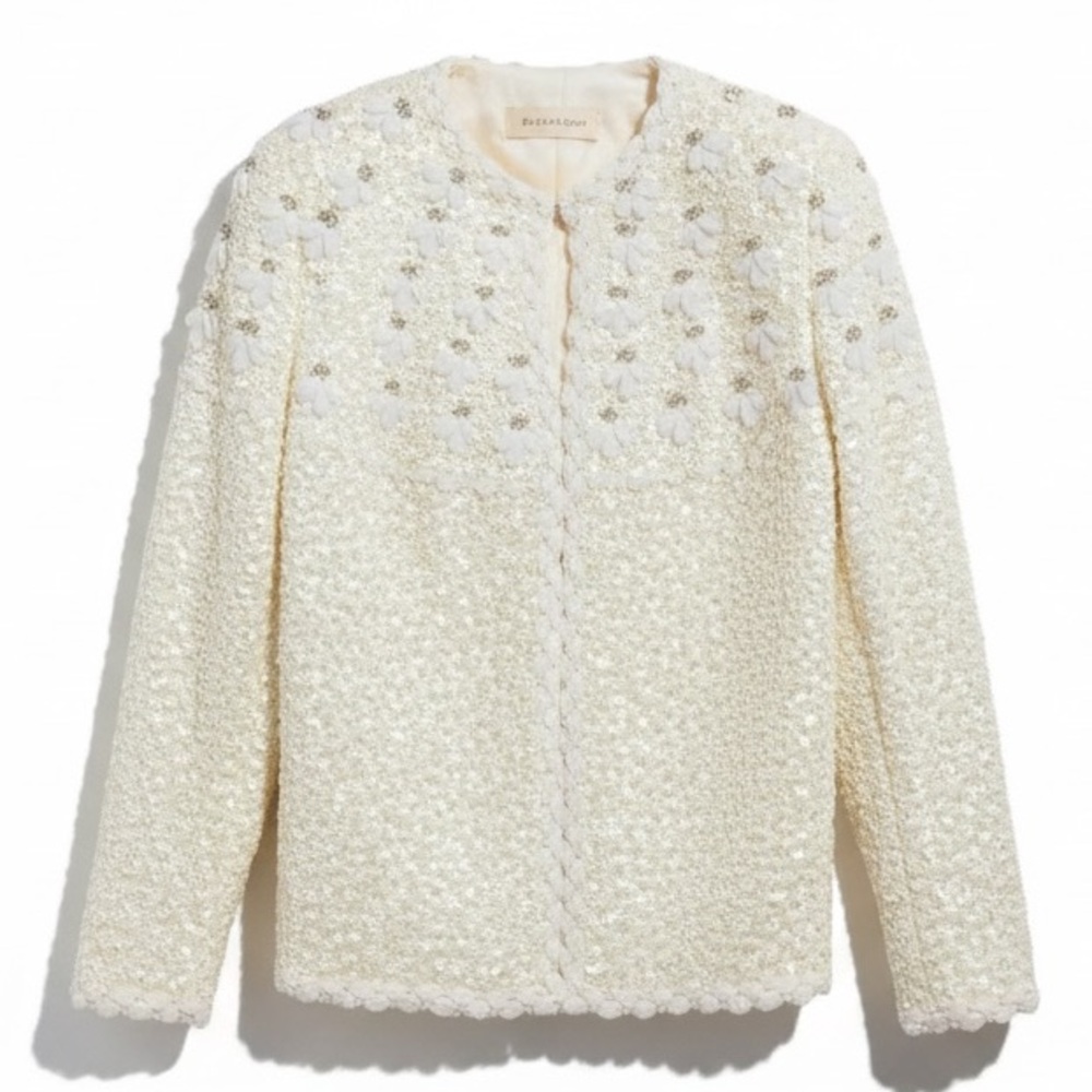VTG 60s White Bouclé Cardigan Sweater Women Large Tailored Wool Beaded